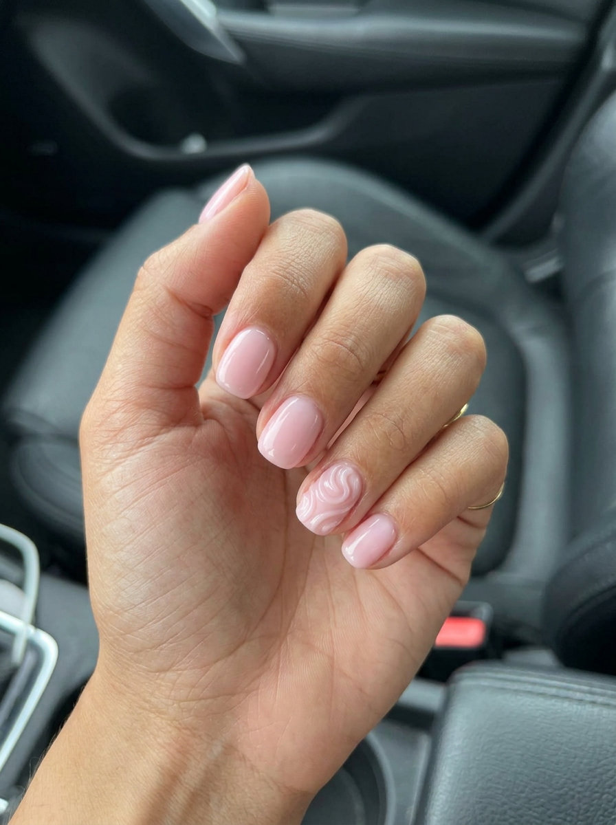 Cute summer nails 2026: Milky pink textured dream swirls on short rounded nails for a romantic date night.