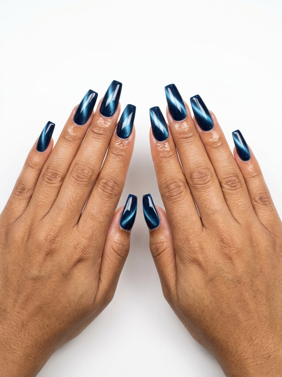 Cute summer nails 2026: Ocean cat-eye coffin nails for date nights and glamorous evenings.