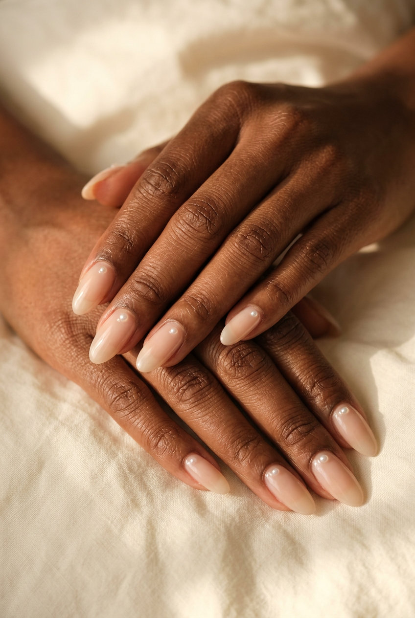 Cute summer nails 2026: Elegant sheer nude with 3D pearls for formal events.