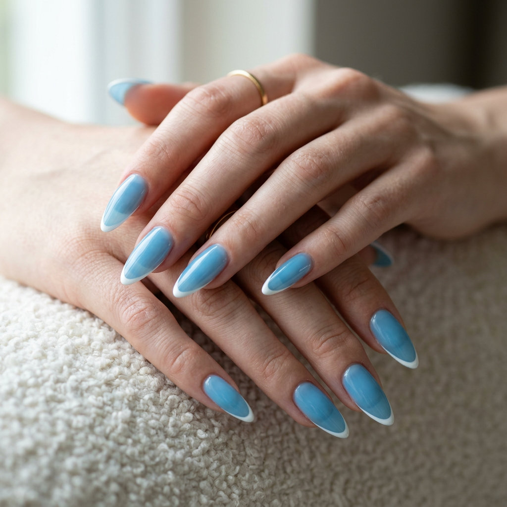 Cute summer nails 2026: Playful sky blue jelly micro French tips for beach days.