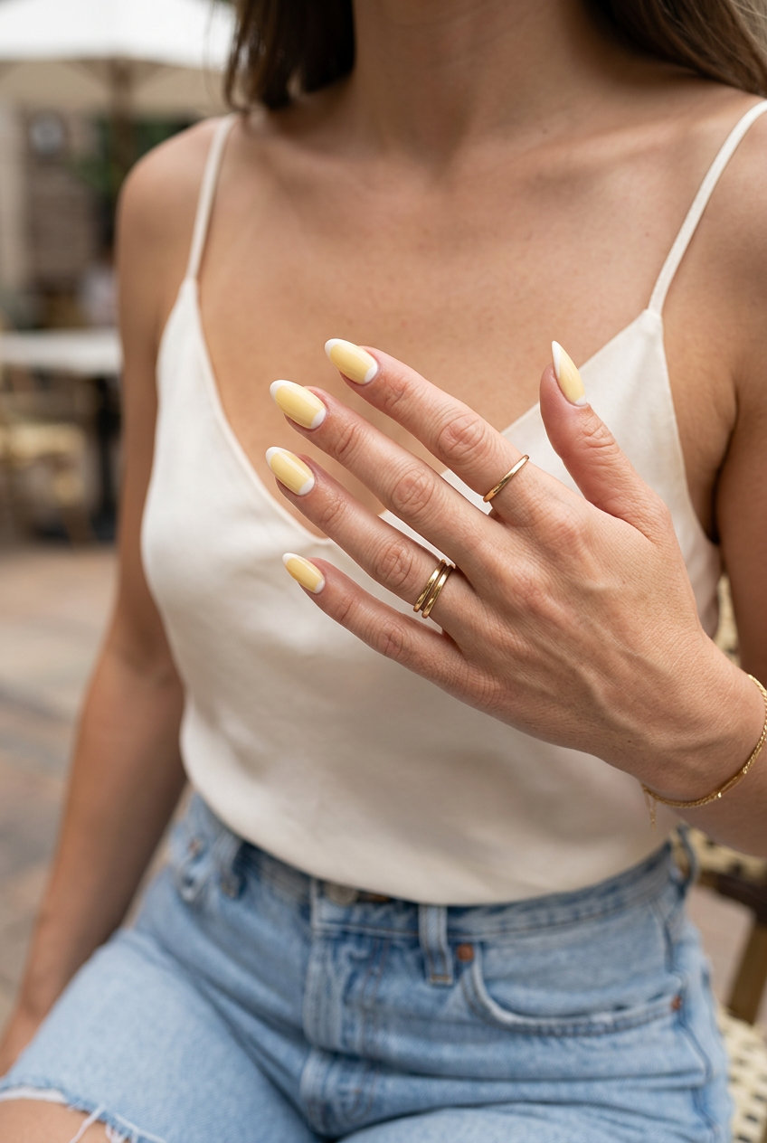 Cute summer nails 2026: Sunny reverse French tip in butter yellow and white for casual weekends.