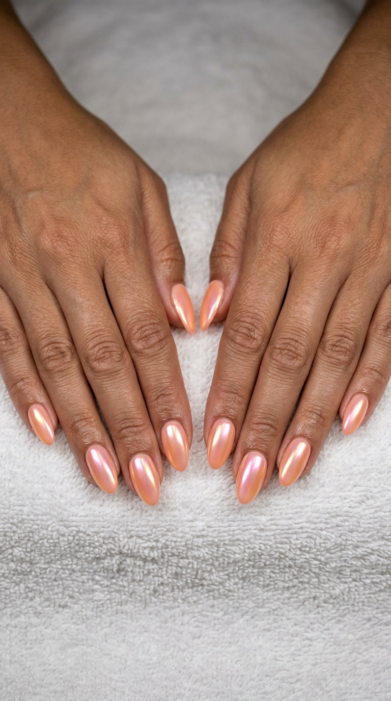 Cute summer nails 2026: Sunset chrome glazed almond nails in peach fuzz with iridescent shifts.