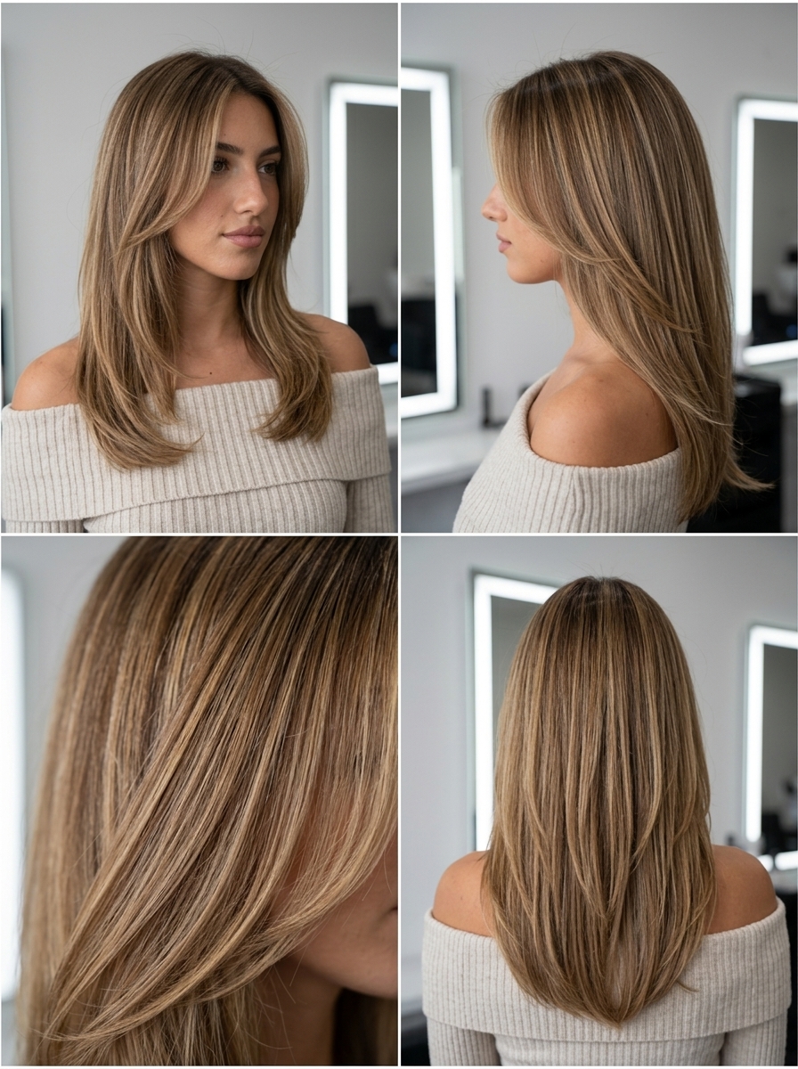 long dark blonde butterfly haircut with caramel babylights and internal layers for effortless chic