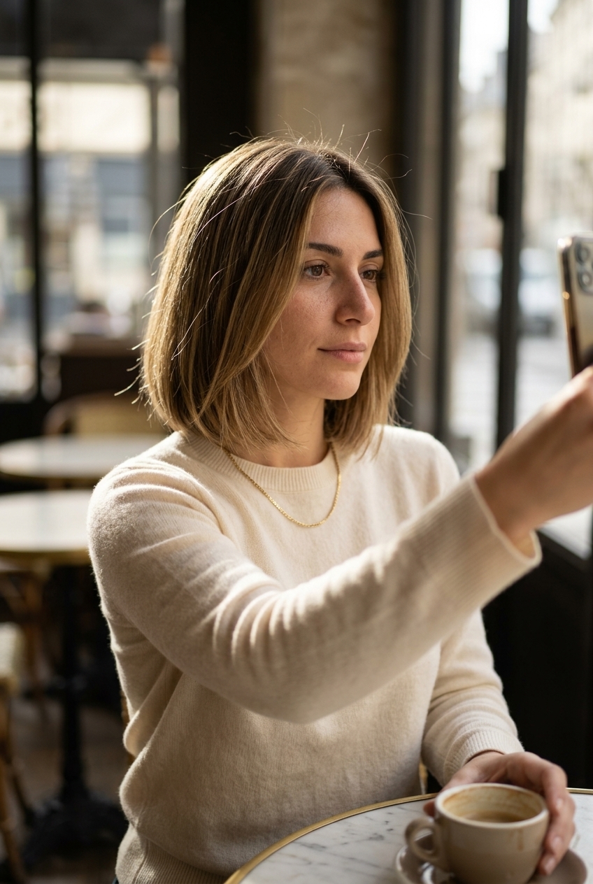 medium French bob haircut in dark blonde with sun-kissed babylights, choppy layers, soft fringe — playful chic