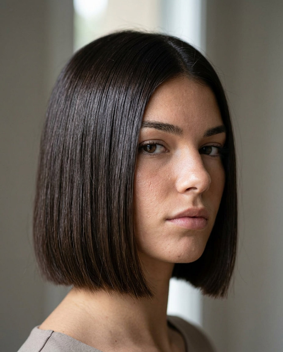 chin-length box bob haircut in dark brown with obsidian gloss, sleek minimalist style for 2026