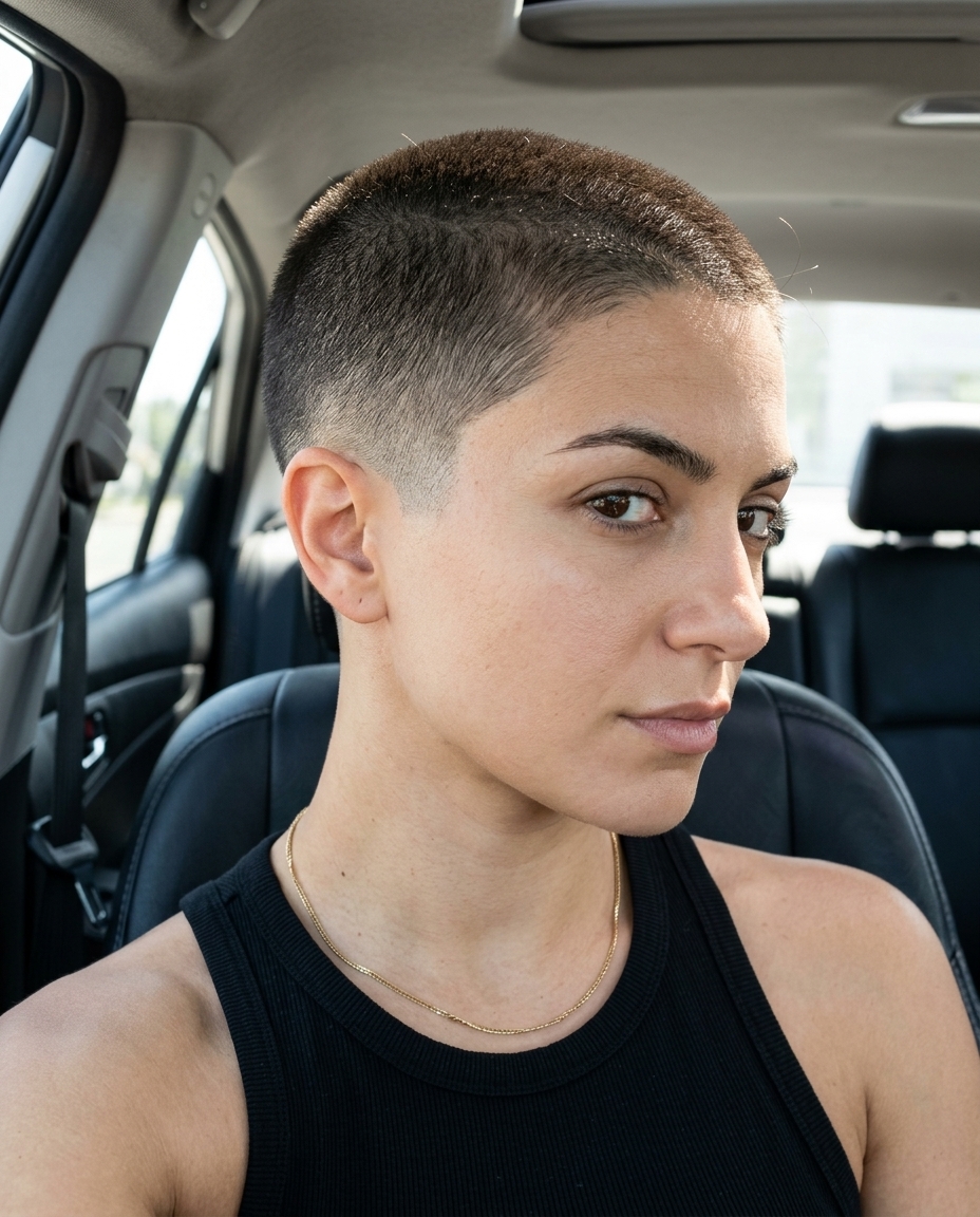 very short buzz cut with natural dark brown, skin fade, defined edges — minimalist summer haircut 2026