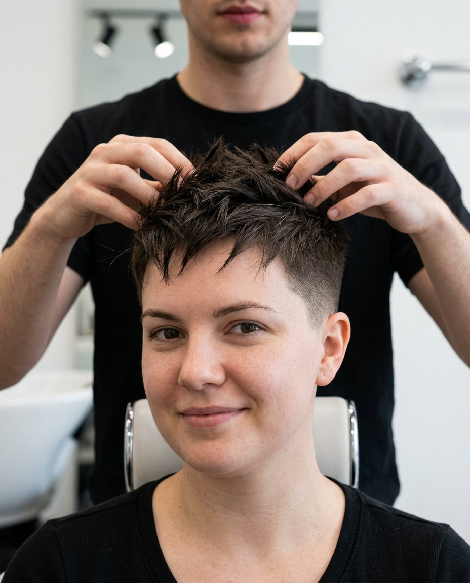 very short buzz cut with dark brown hair and textured spikes for summer