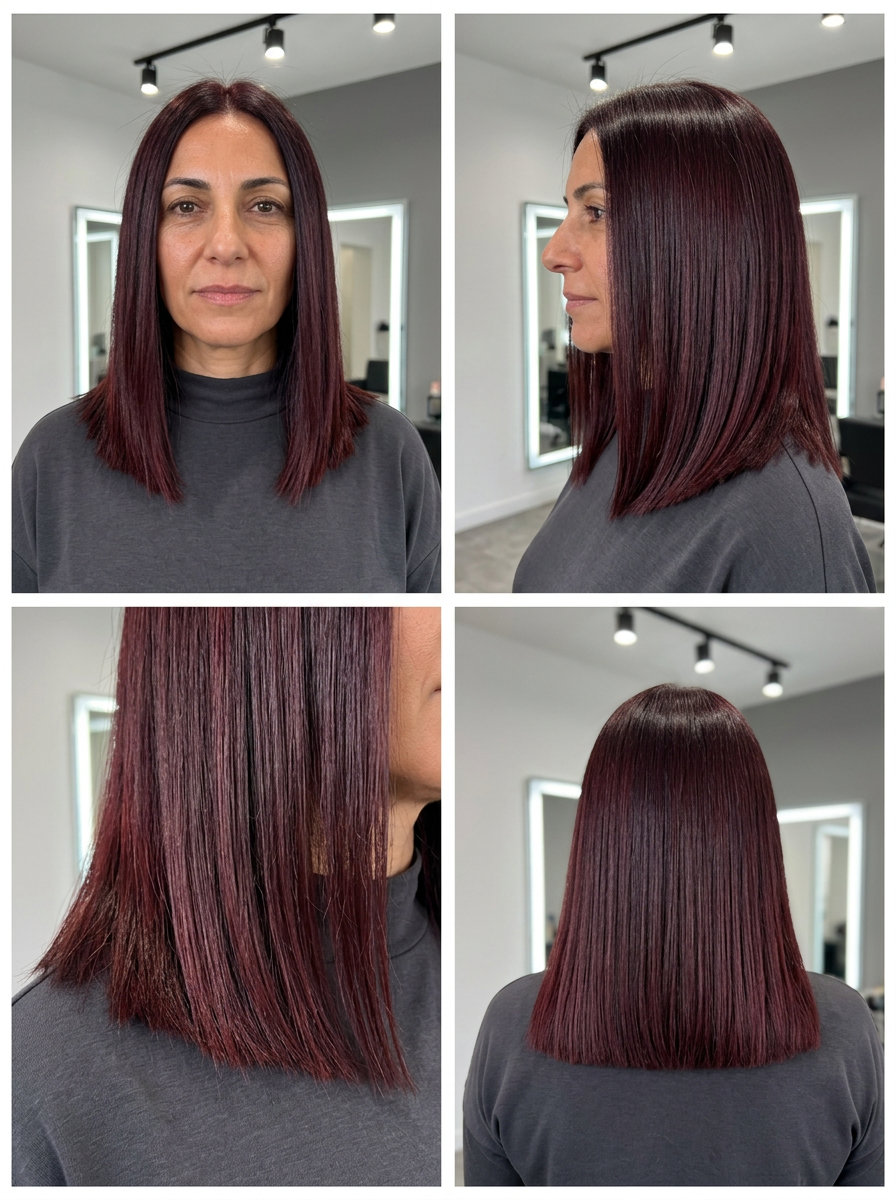 Dark Cherry Red Haircut 2026 shoulder-length dark cherry red haircut with blunt ends and violet undertones for professional look