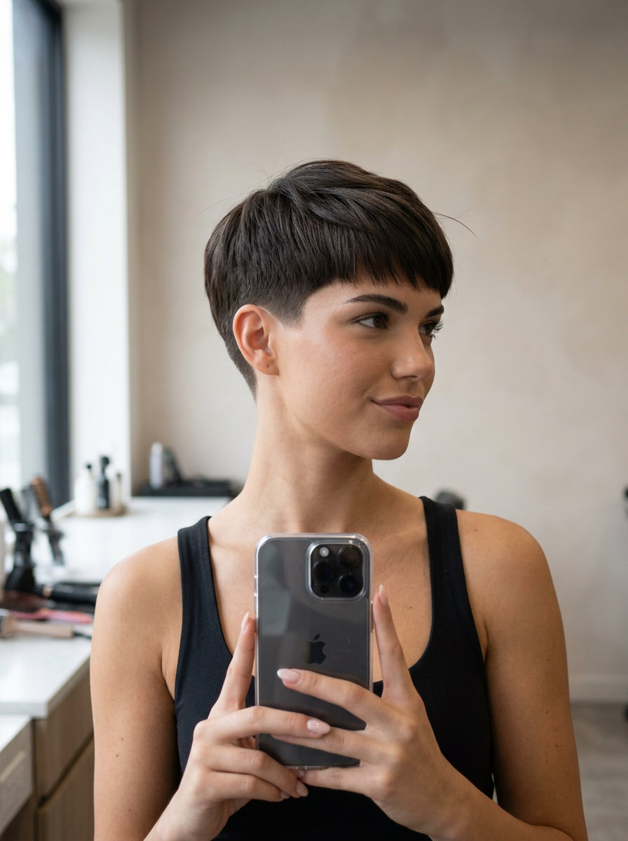 very short dark chocolate clipper cut with tapered sides for edgy style