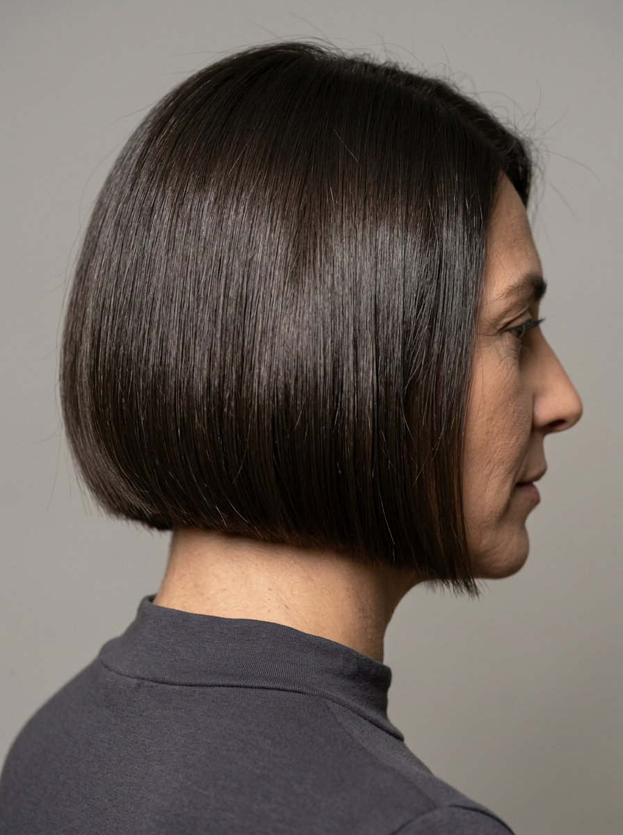 Executive Power Bob: Deep Ash Brown 2026 short deep ash brown haircut with blunt perimeter, minimal layering, center part — professional sleek