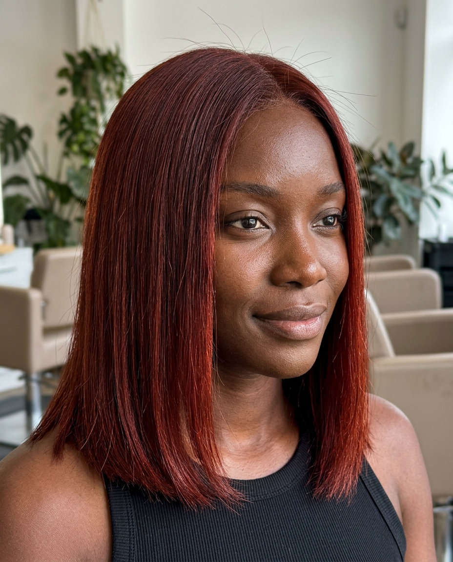 long deep auburn haircut with red undertones, solid color, no fringe — bold and luxurious
