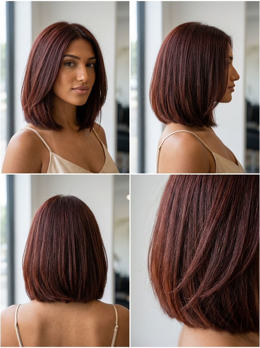 medium blunt lob haircut in deep auburn with copper undertones, textured waves for festivals