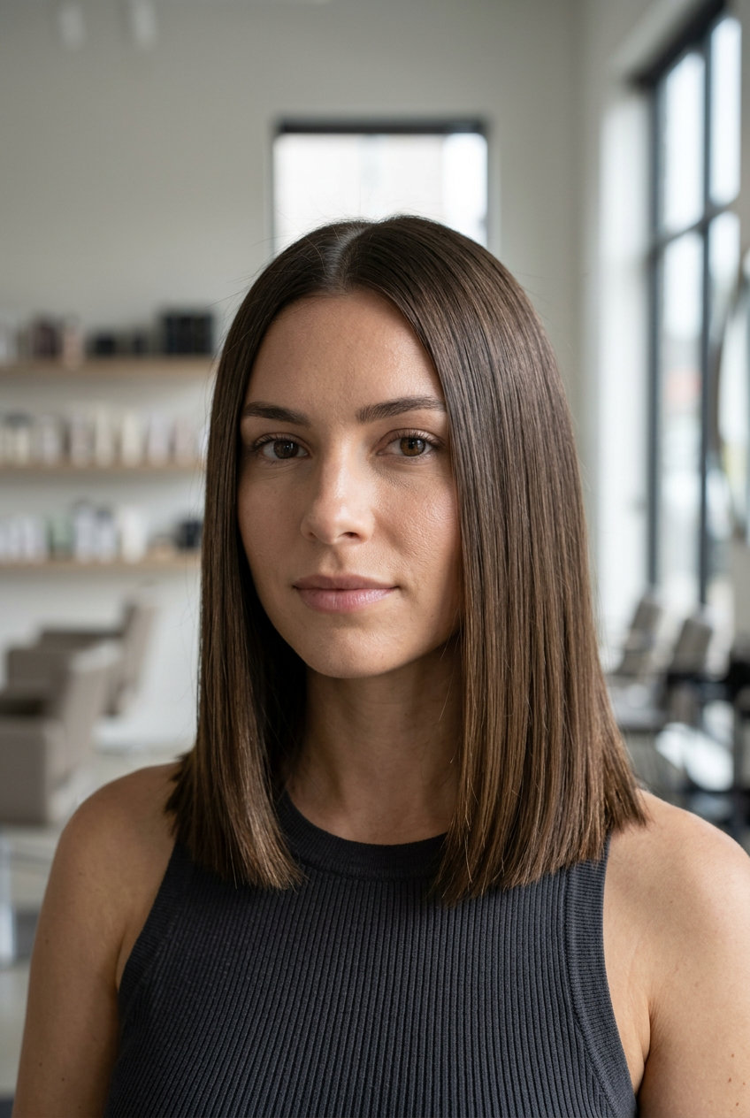 collarbone-length blunt bob with deep brunette hair and high-gloss finish for summer