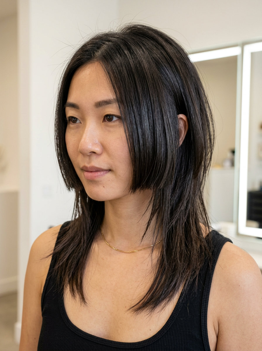 jellyfish shag haircut with deep brunette color, charcoal undertones, blunt outer layer, disconnected inner layers — edgy and avant-garde