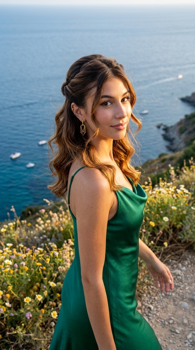 Vintage Riviera Half-Up 2026 Deep brunette half up half down twisted sections with uniform waves for retro glamour
