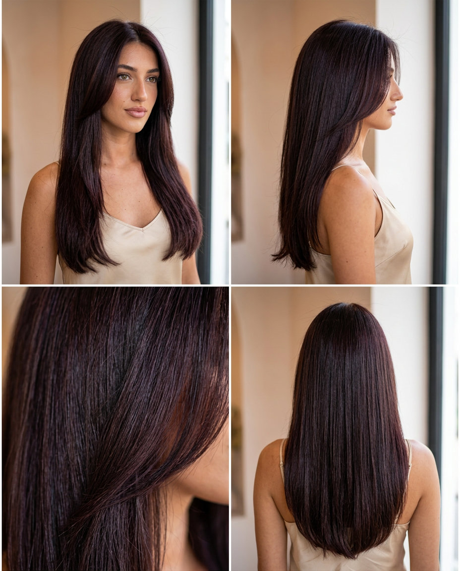 waist-length blunt cut with deep brunette & black cherry tint, subtle internal layers — romantic summer hair