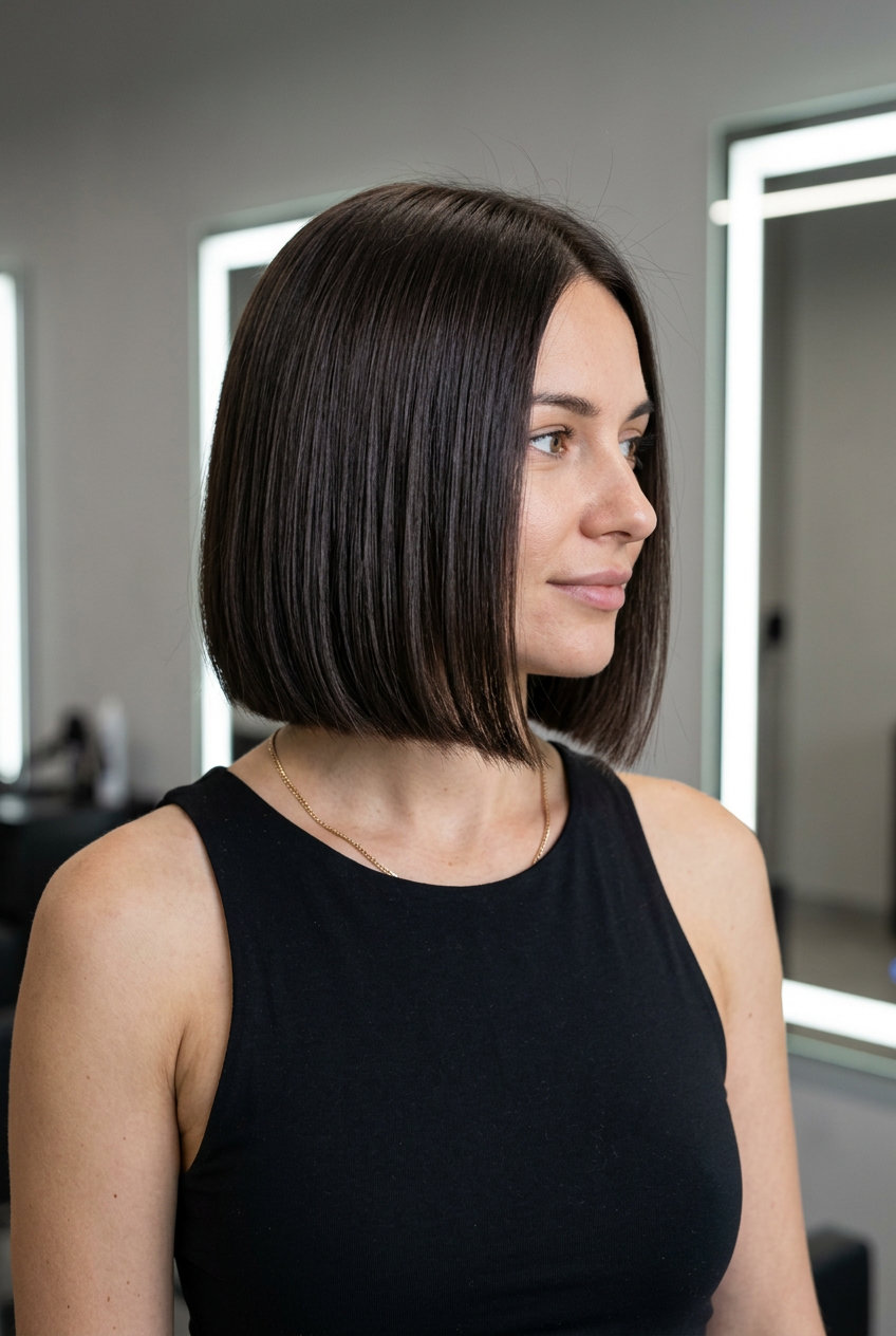 chin-length bob haircut with deep espresso color and blunt ends for summer