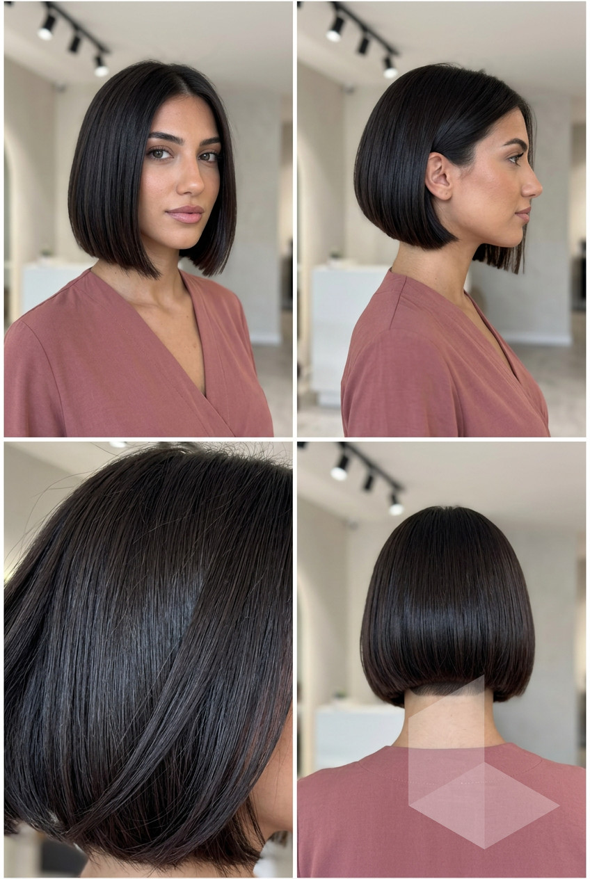 chin-length blunt bob with deep espresso color and hidden undercut for bold sleekness