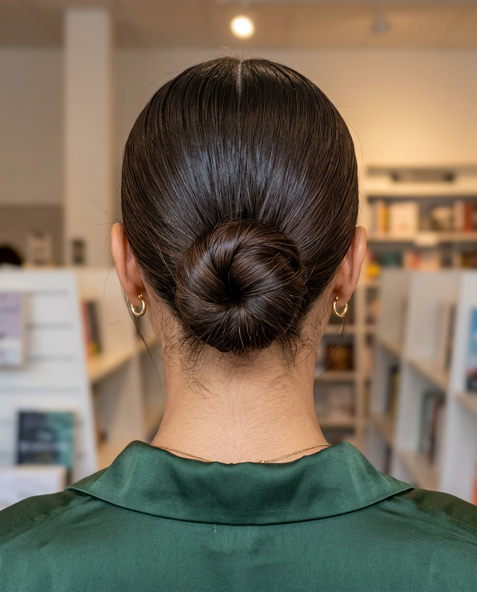 long deep espresso low bun updo with cool mocha sheen for everyday chic
