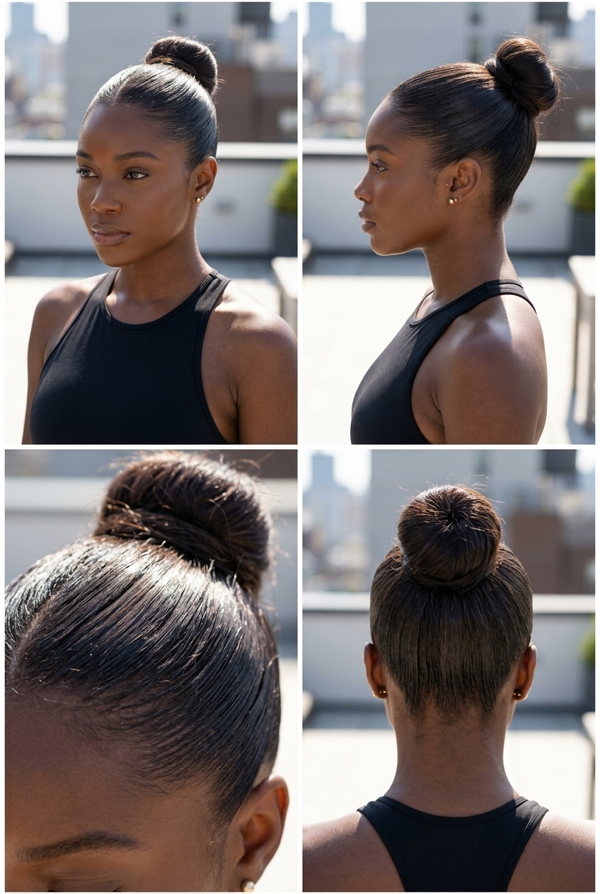 long deep espresso slicked bun updo with cool mocha for summer office
