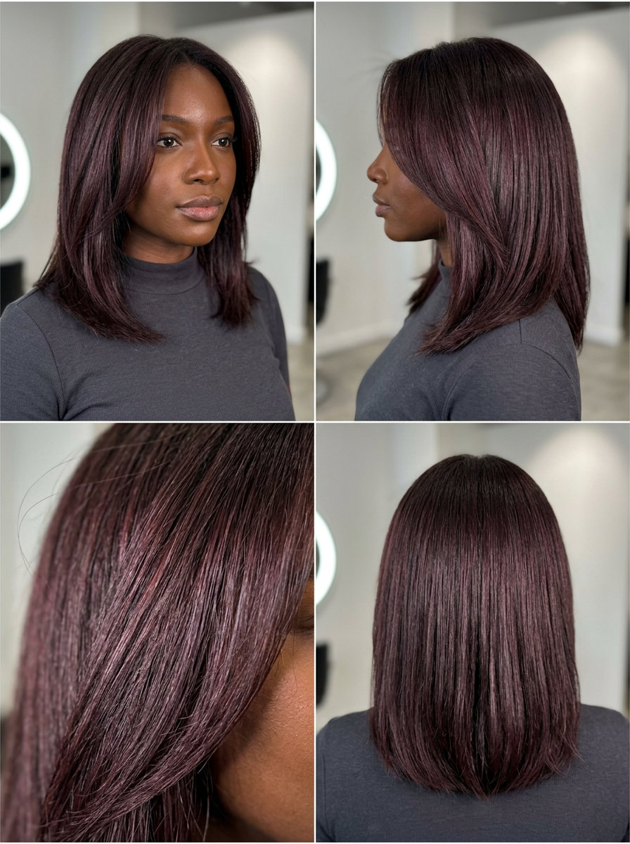 long chocolate brunette hair color with deep plum tint, subtle undertones, edgy mood