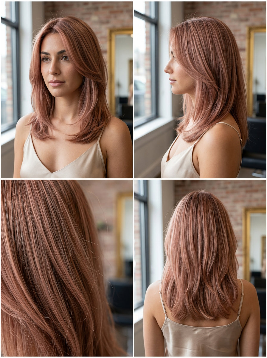 Dusty Rose Copper Strawberry Blonde 2026 long dusty rose copper strawberry blonde, muted blend — soft sophisticated look