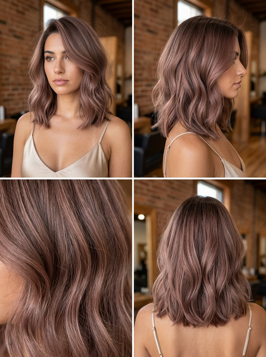 shoulder-length soft lob haircut with dusty rosewood and cocoa undertones, internal layering, deep side part — trendy romantic look