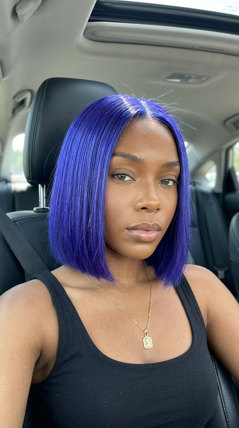 short electric indigo bob with blunt cut and center part for edgy look