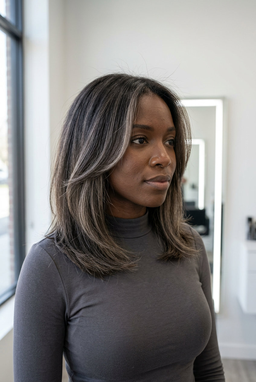 medium espresso bronde wolf cut with ash brown & beige highlights, blended layers, face-framing pieces — sophisticated professional style