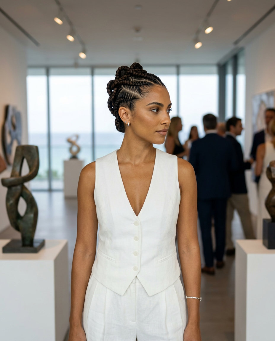 Geometric Cornrow Crown 2026 long cornrow crown updo in rich espresso brown for formal events