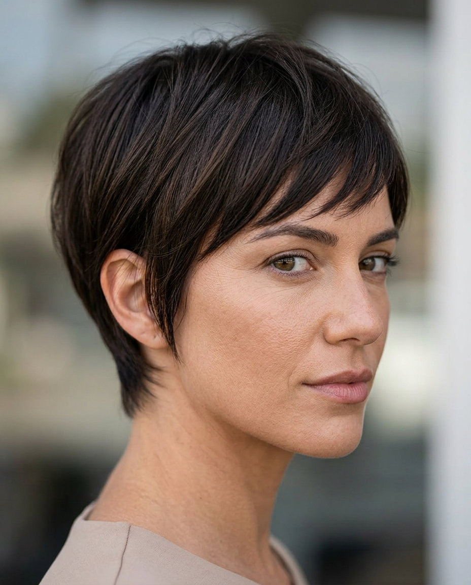 short espresso brown wolf cut with blunt layers and piecey eyebrow fringe
