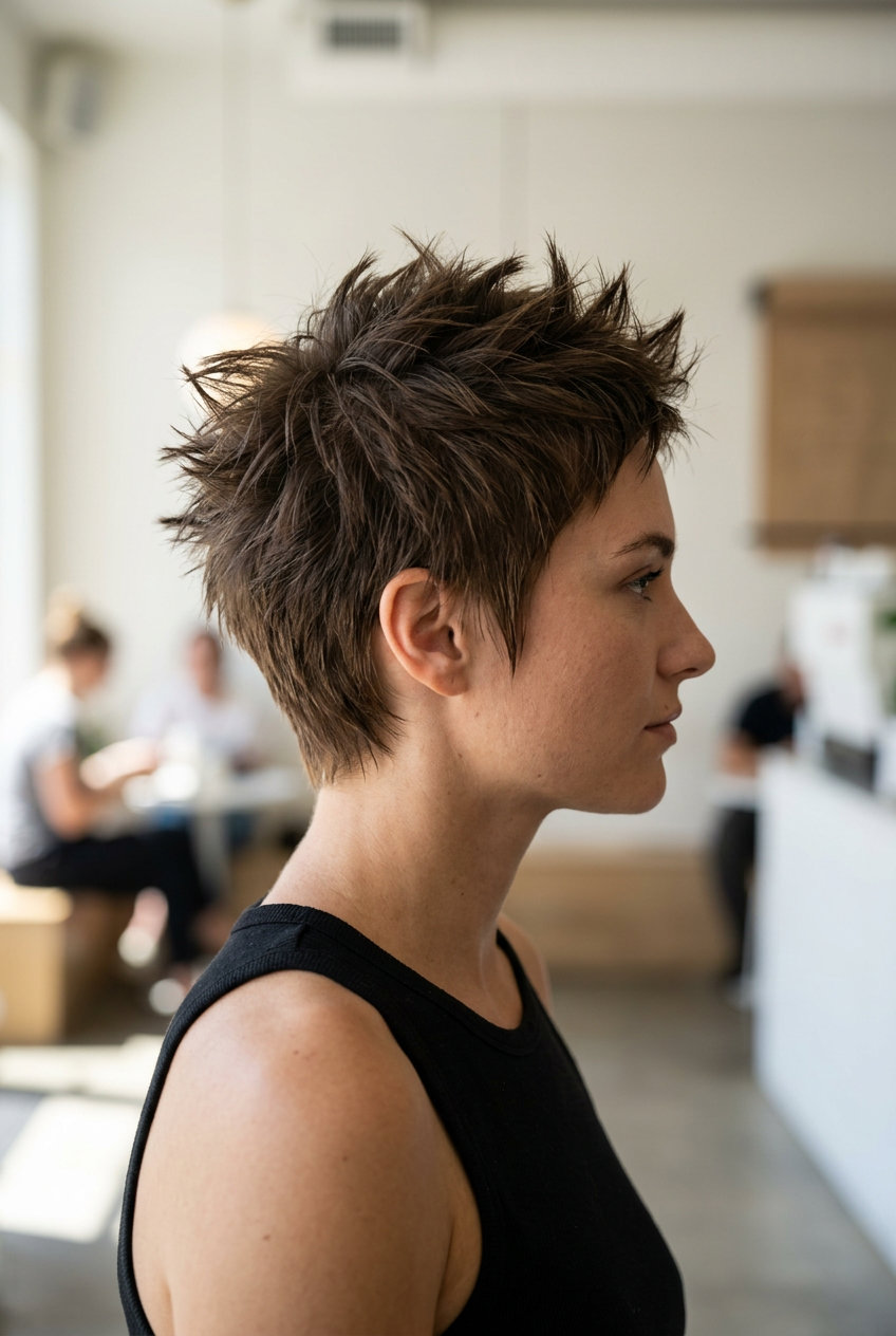 very short razored pixie haircut in cool espresso brown with charcoal undertones, clipper cut taper, piecey bangs — confident urban style