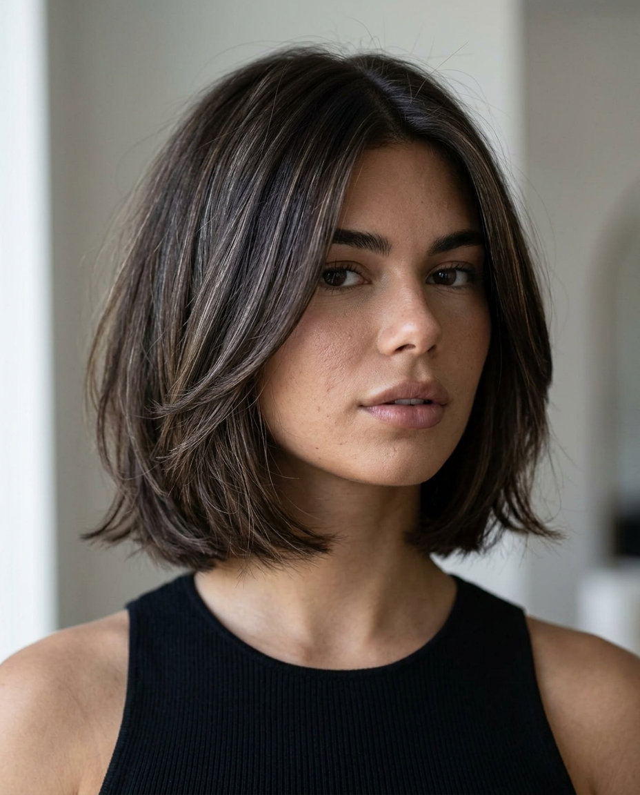 bob-length shag with deep espresso & icy silver highlights, soft blunt fringe, internal layers — sophisticated edgy look