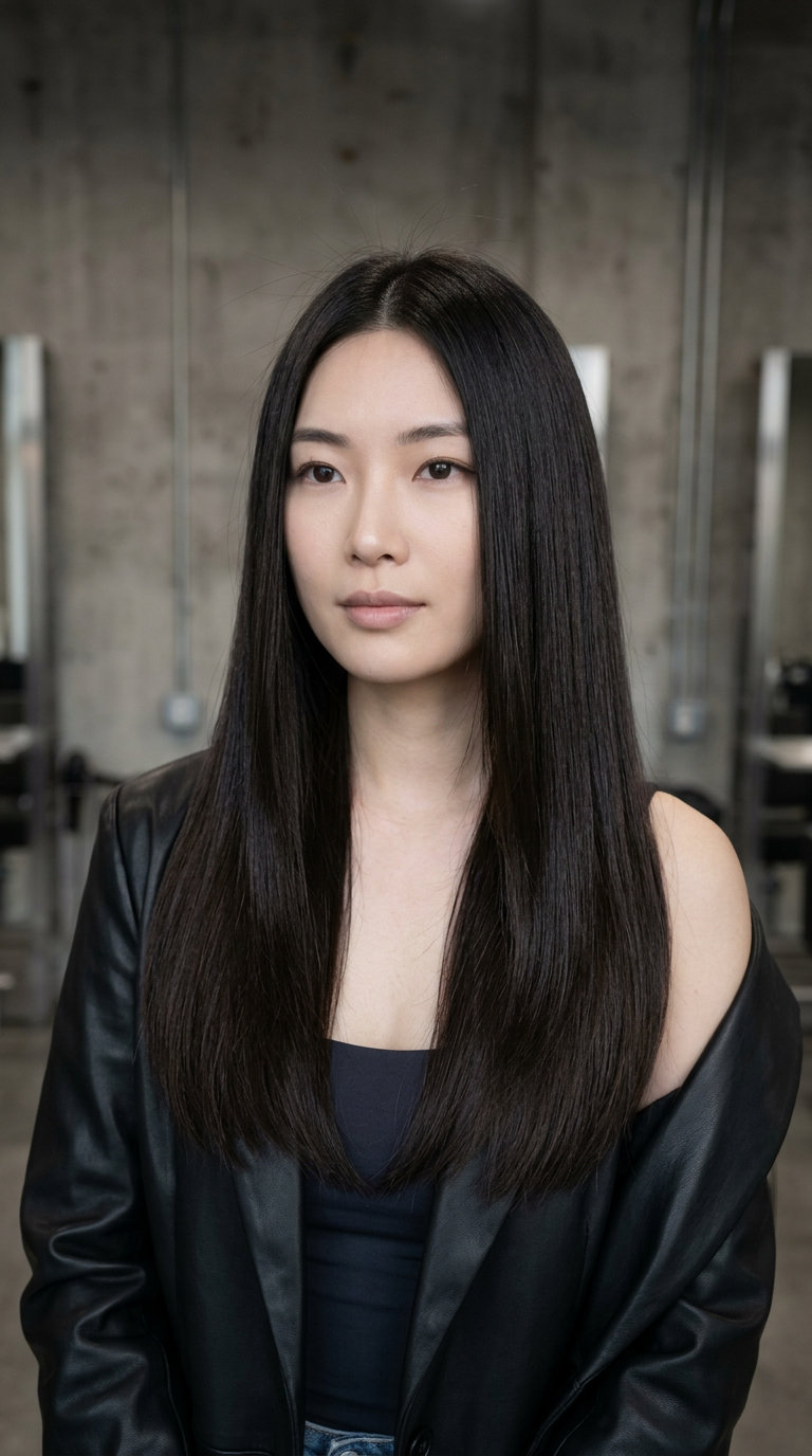 chest-length blunt cut with deep espresso brunette & clear gloss, center part — luxurious summer hair