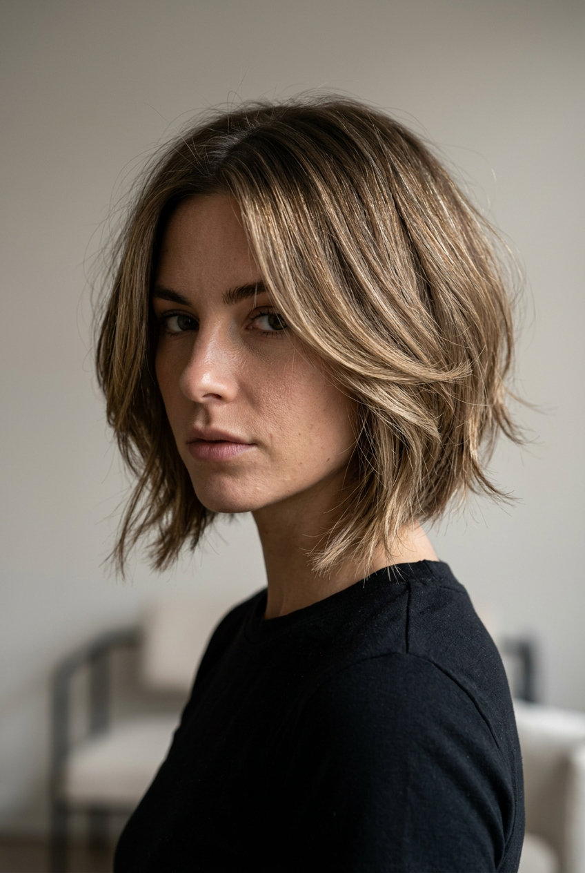 chin-length asymmetrical butterfly bob in espresso brunette with charcoal lowlights, internal crown layers, soft fringe — edgy modern style