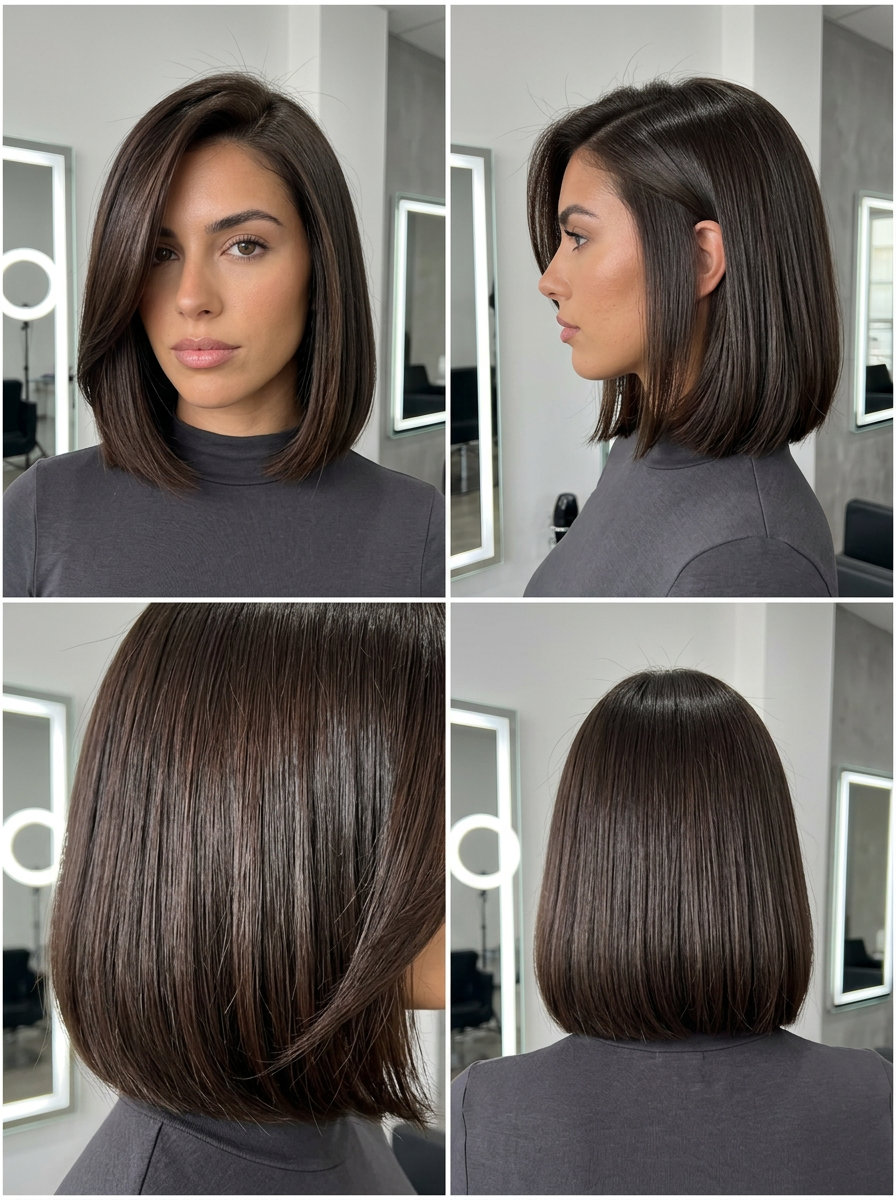 chin-length blunt bob haircut with espresso brunette, strong perimeter for sophisticated power