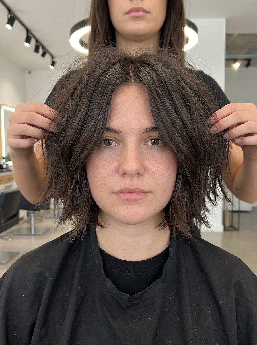 chin-length choppy bob haircut in deep espresso brunette, textured grunge style for 2026
