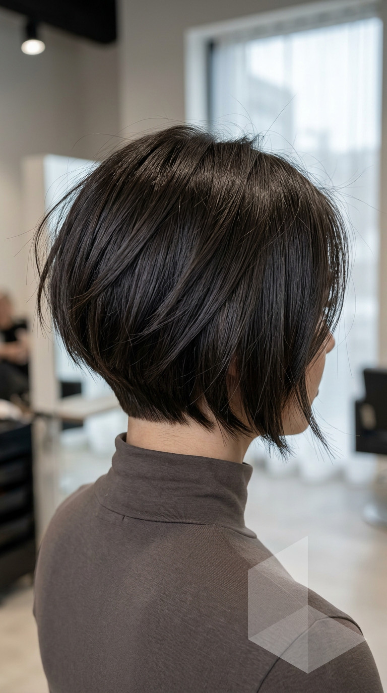 chin-length asymmetric razor cut with deep espresso brunette, tapered nape — bold summer hair
