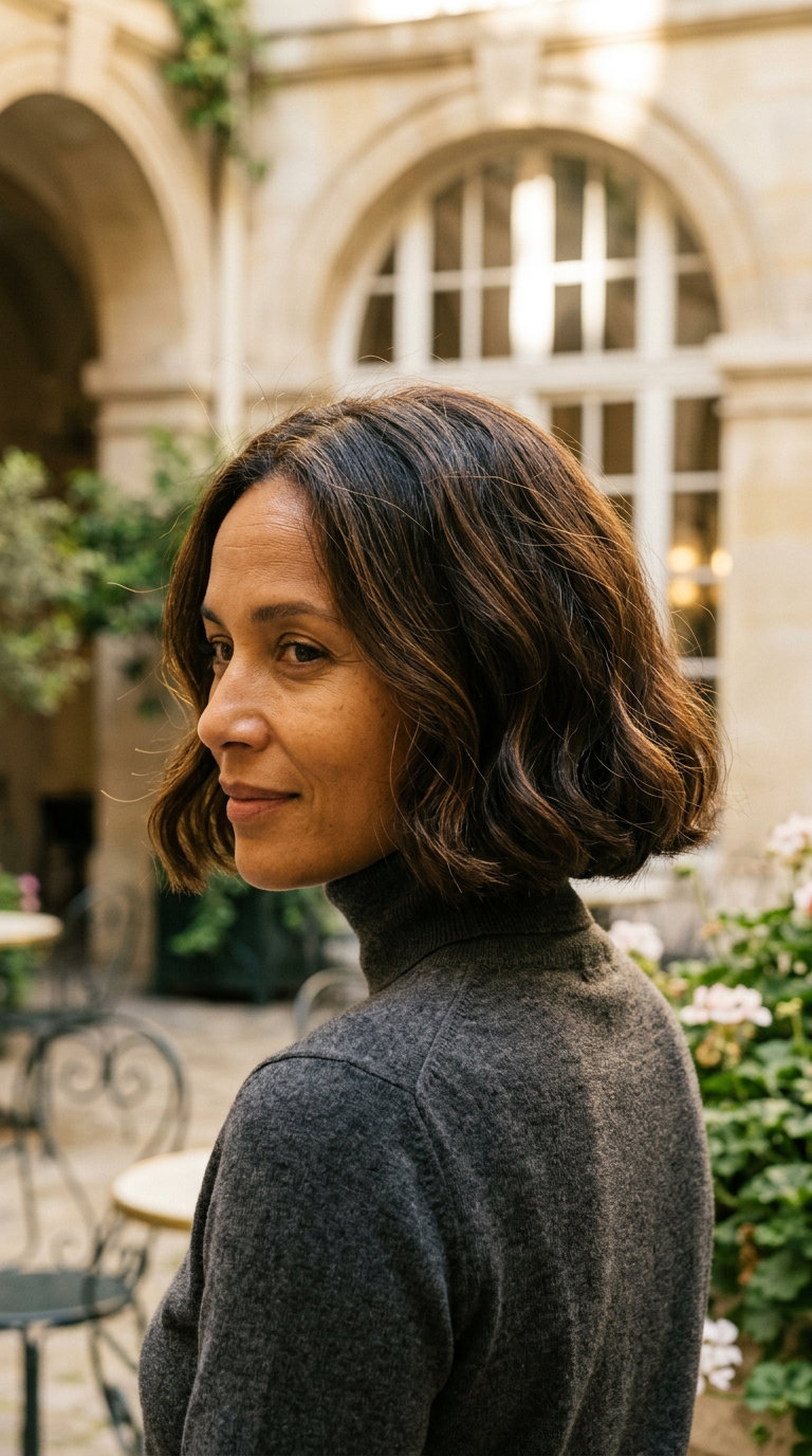 Espresso Brunette Bob 2026 chin-length wavy bob haircut in espresso brunette with caramel ribbons for chic style
