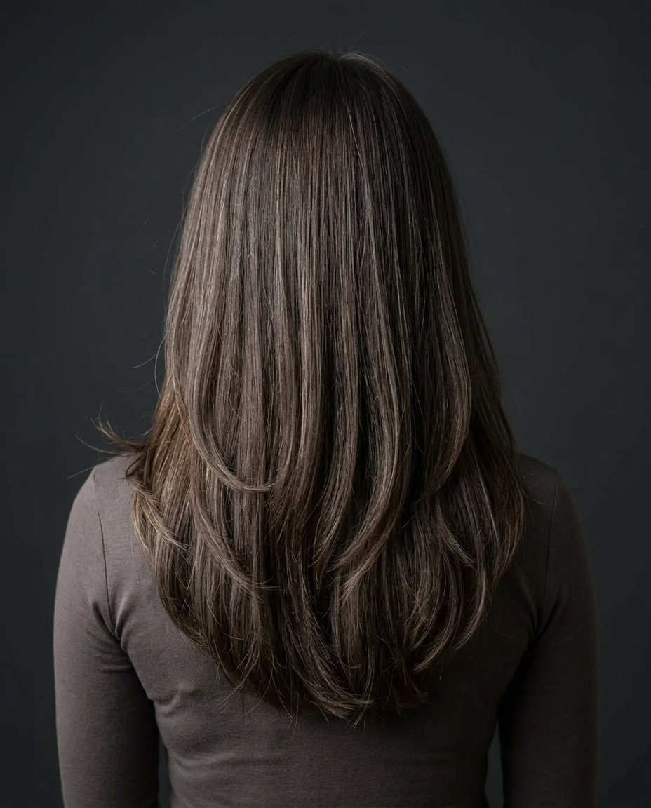 long haircut with deep cool espresso brunette and ash blonde micro-highlights, internal layering — sophisticated bold