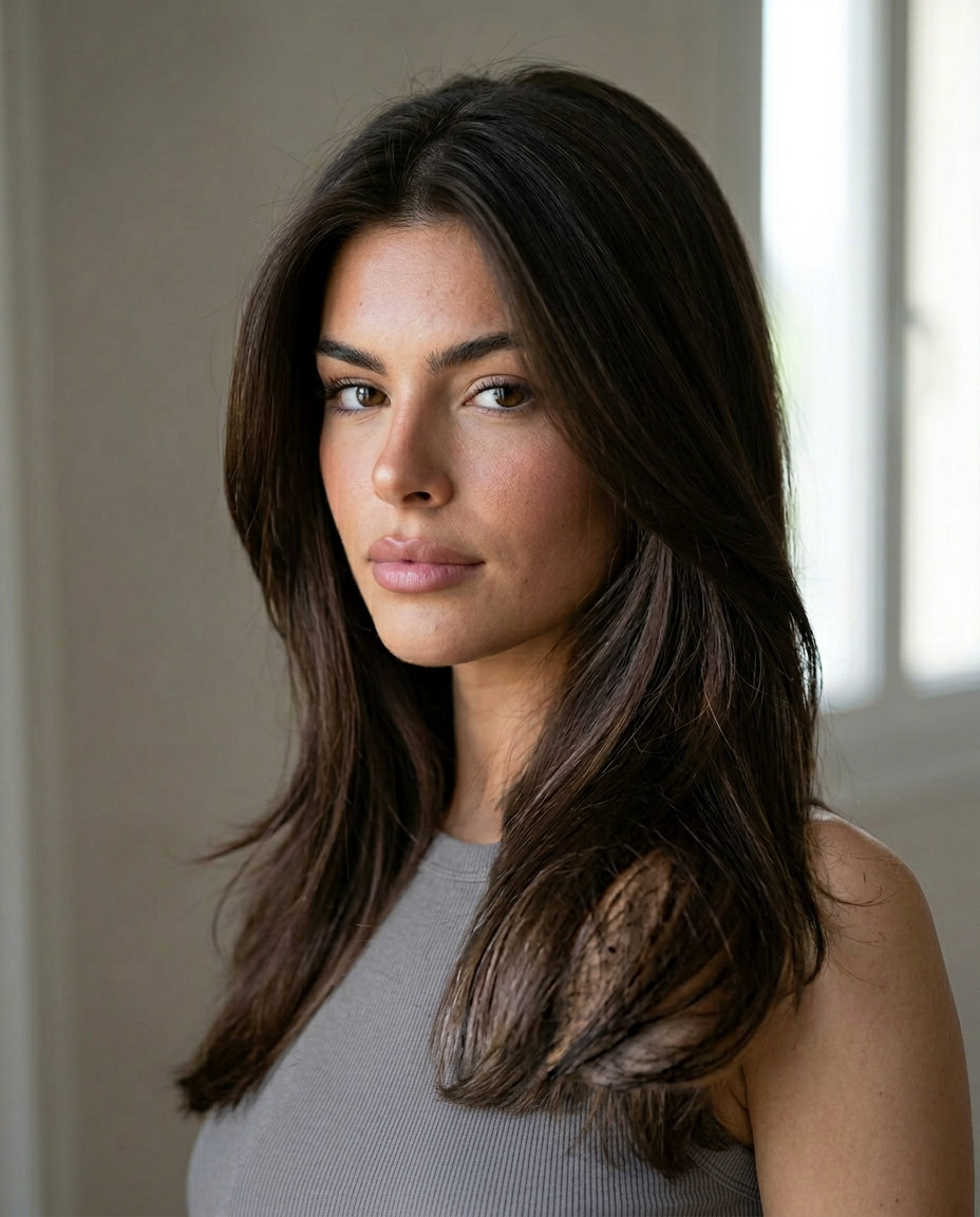 long haircut in deep espresso brunette, internal ghost layers, no fringe — sophisticated polished style