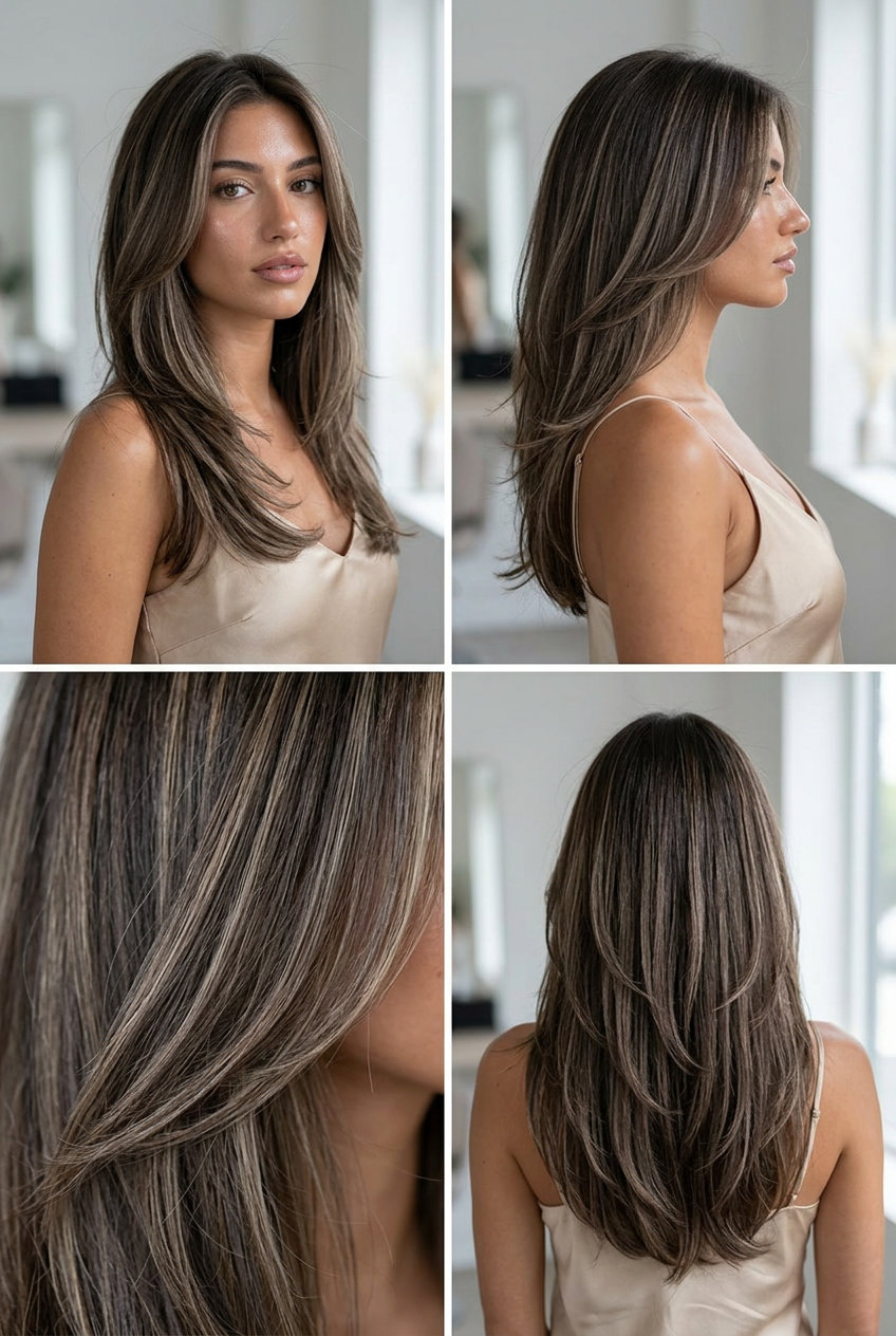 long layered haircut in espresso martini brunette with ash blonde highlights, V-shape back — sophisticated, polished, luxe