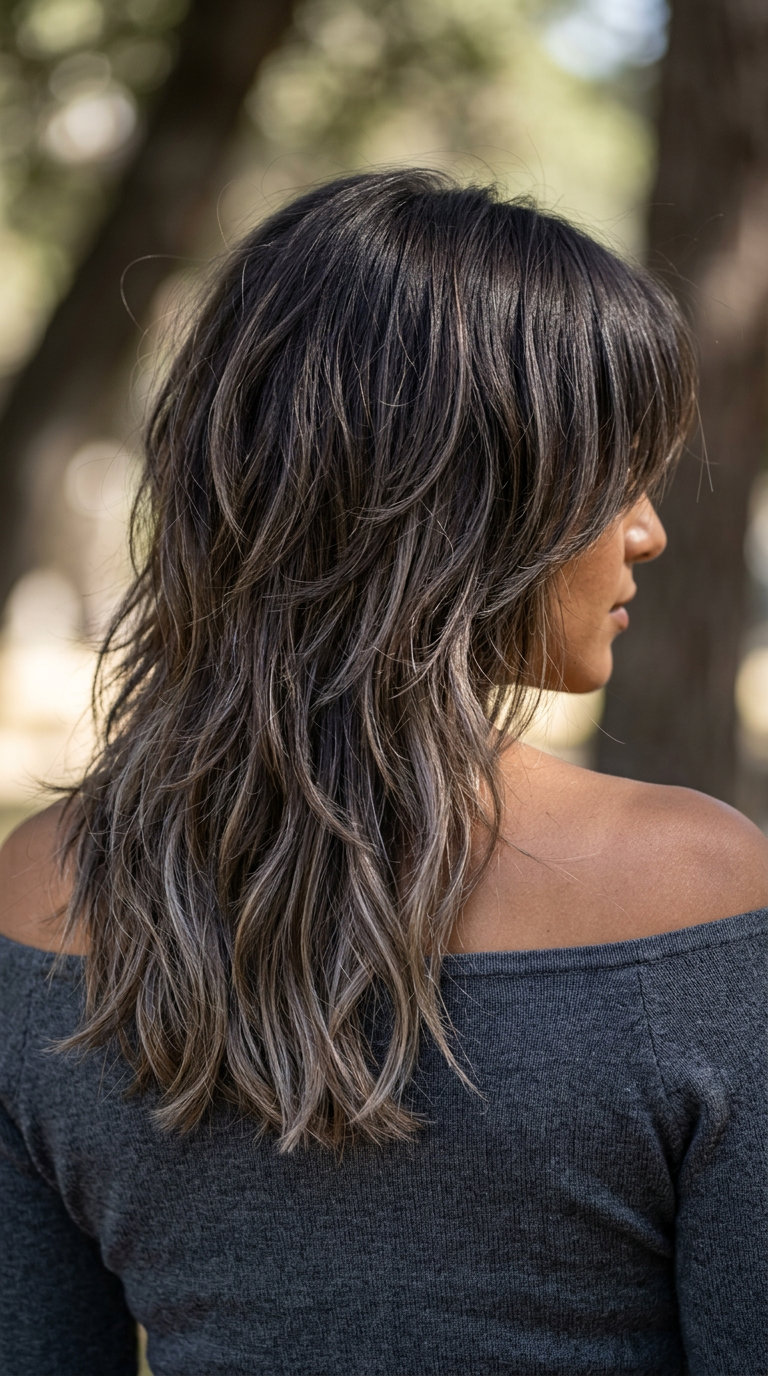 long shag haircut with deep cool espresso and ash blonde foilyage, choppy layers, curtain fringe — bold textured retro