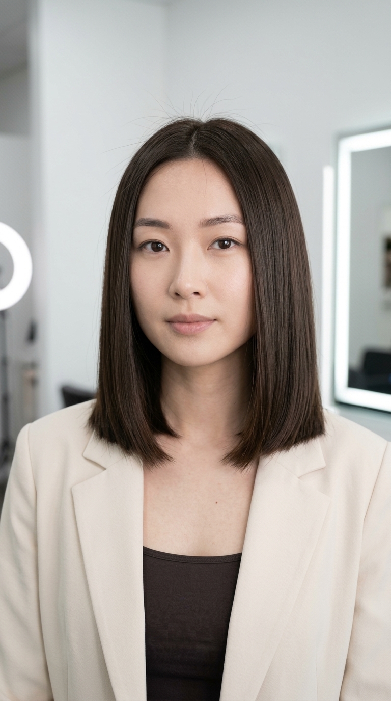 medium blunt lob haircut with espresso brunette, high-gloss finish for sophisticated look