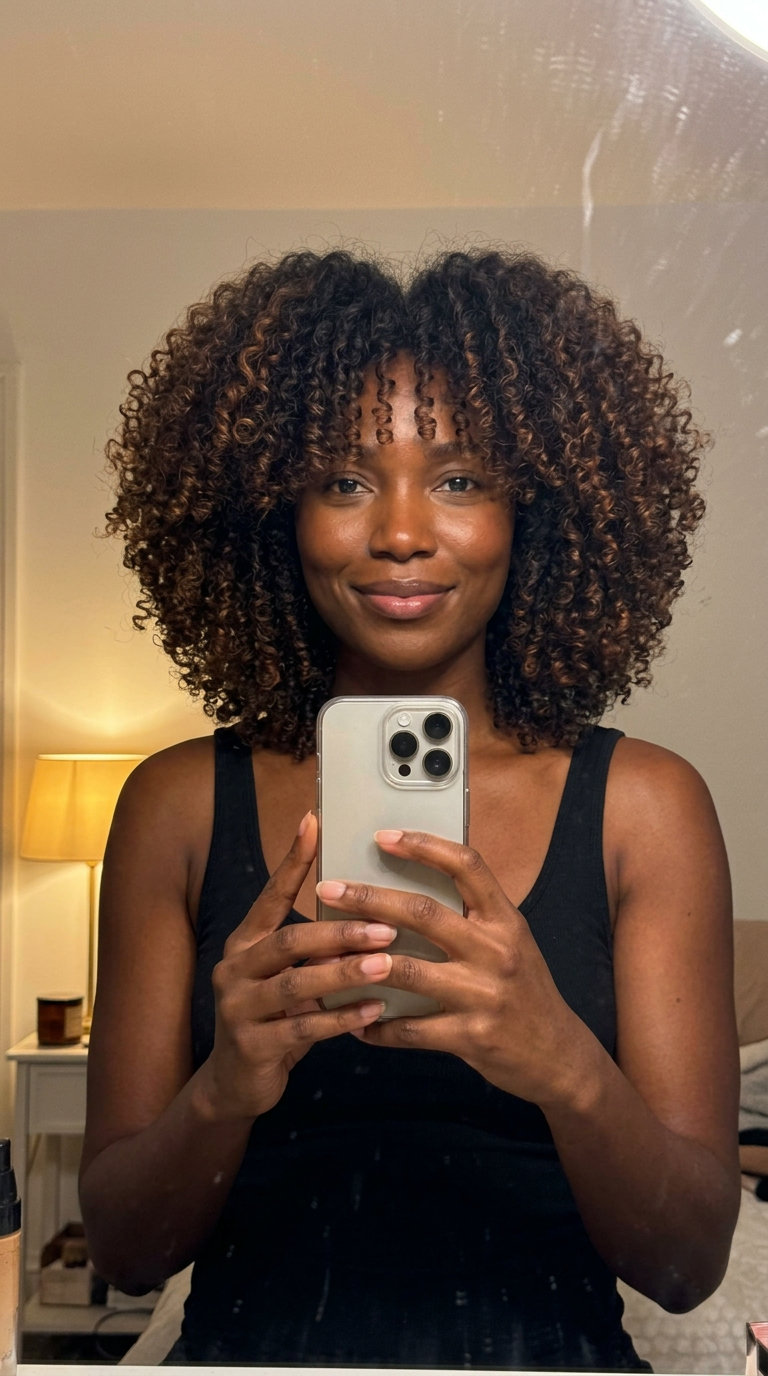mid-length halo cut for curls with espresso brunette and cinnamon highlights for summer