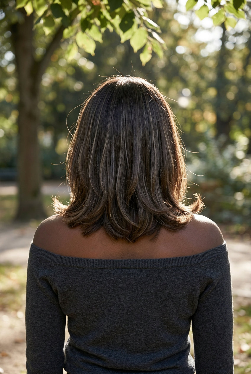 mid-length soft haircut with espresso brunette and ash blonde micro-highlights, internal layers, outward flick — polished professional style