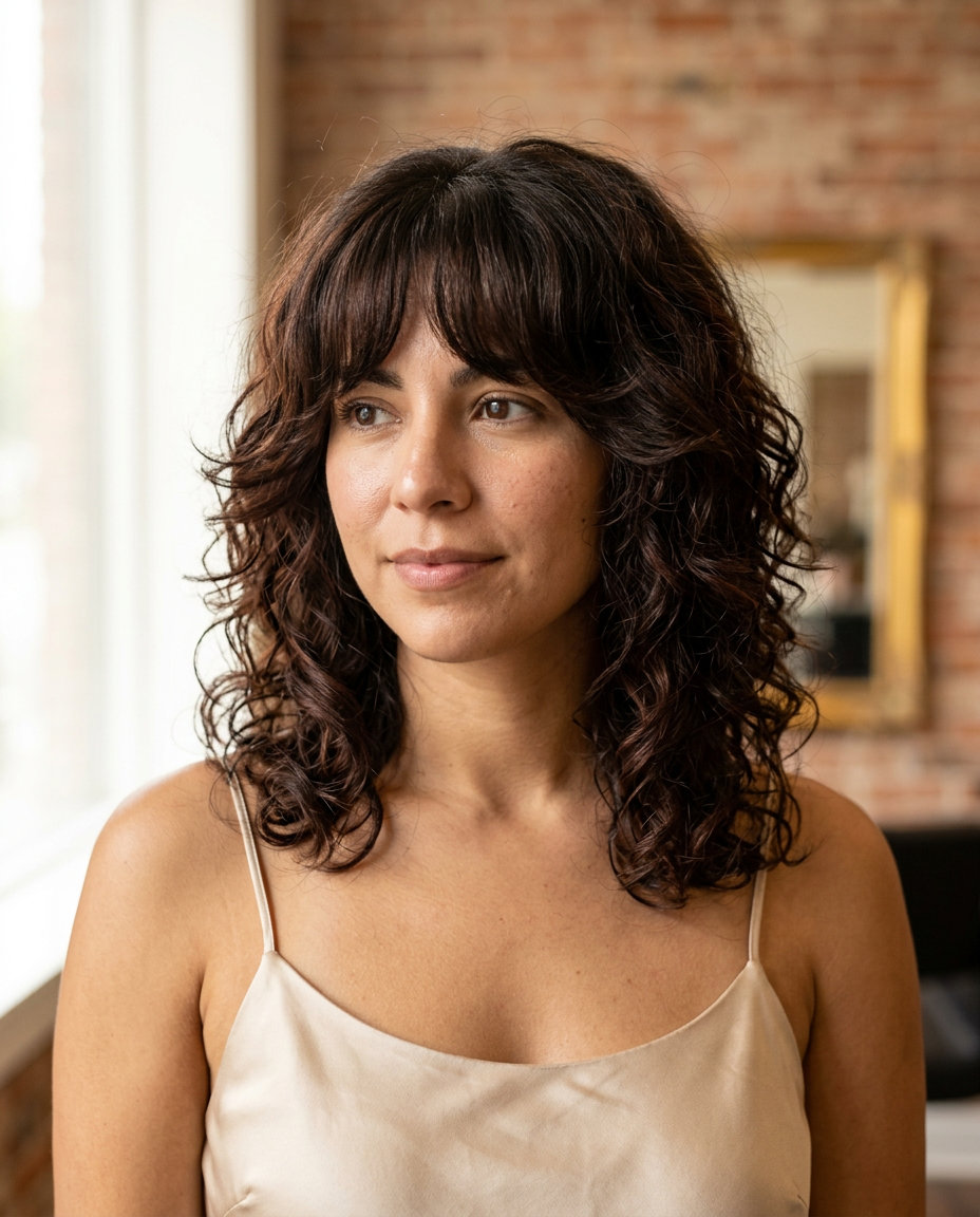 mid-length shag haircut with espresso brunette, auburn undertones, bottleneck bangs — bold vibrant