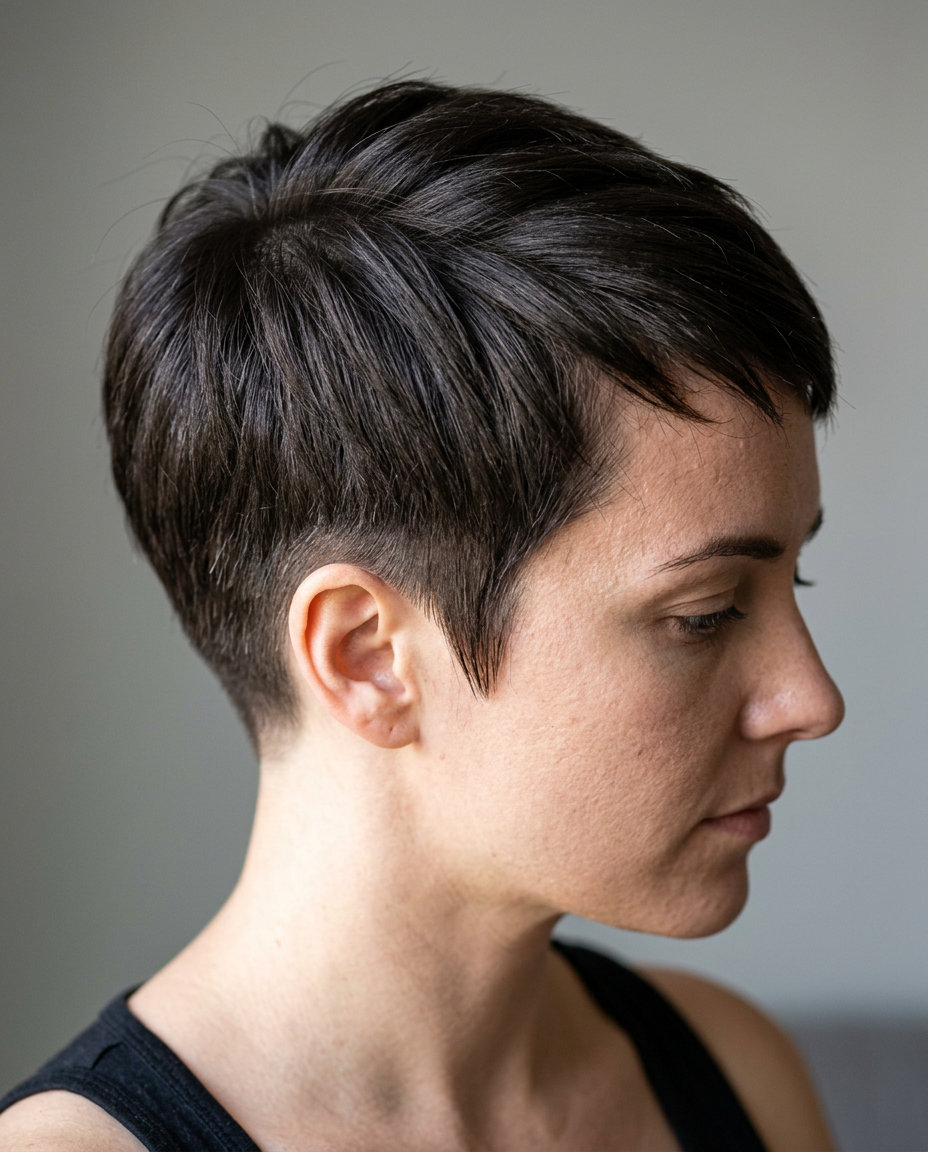 very short clipper fade haircut with espresso brunette for summer