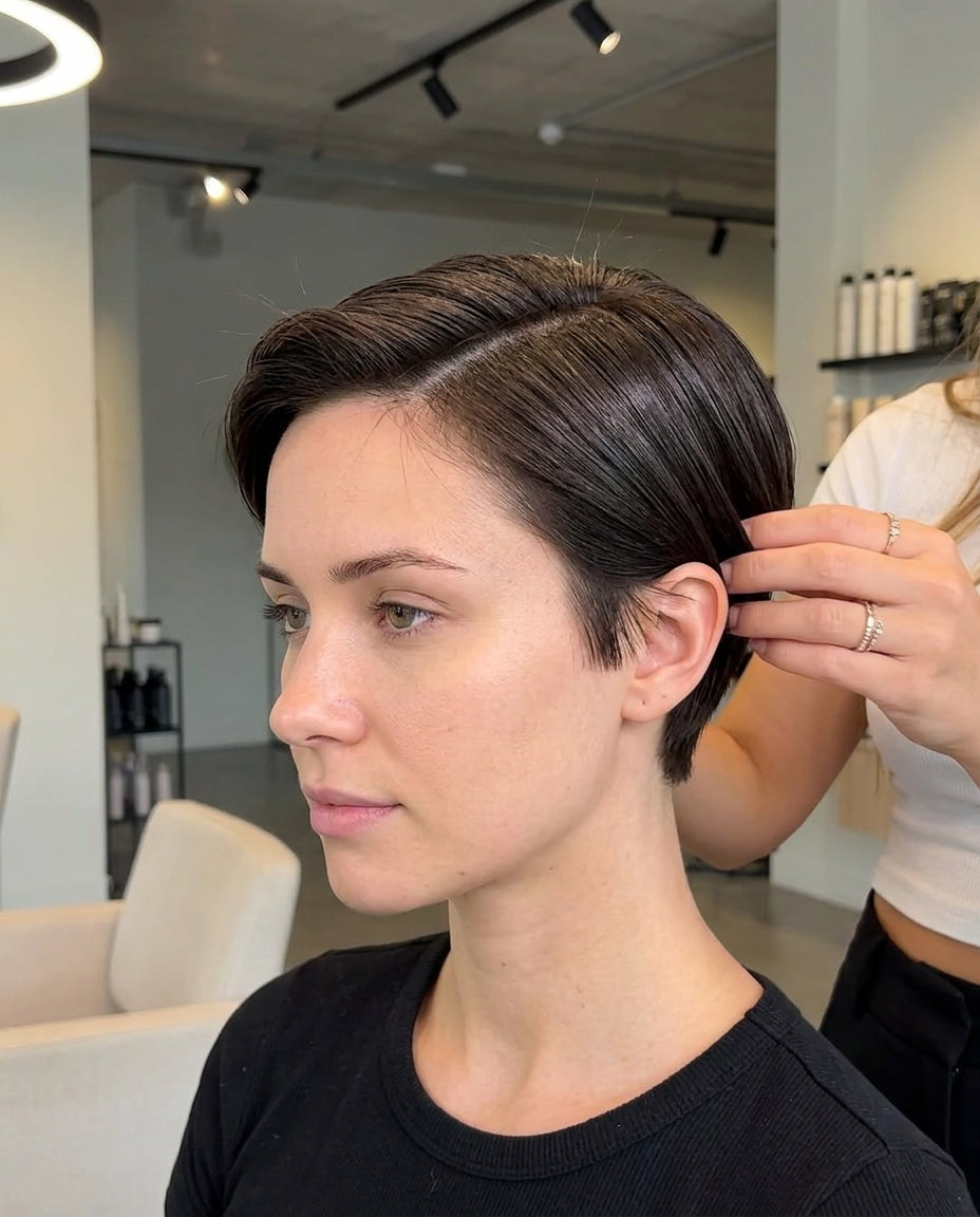 very short crop with deep espresso brunette & high-shine gloss, minimal texture — minimalist summer hair