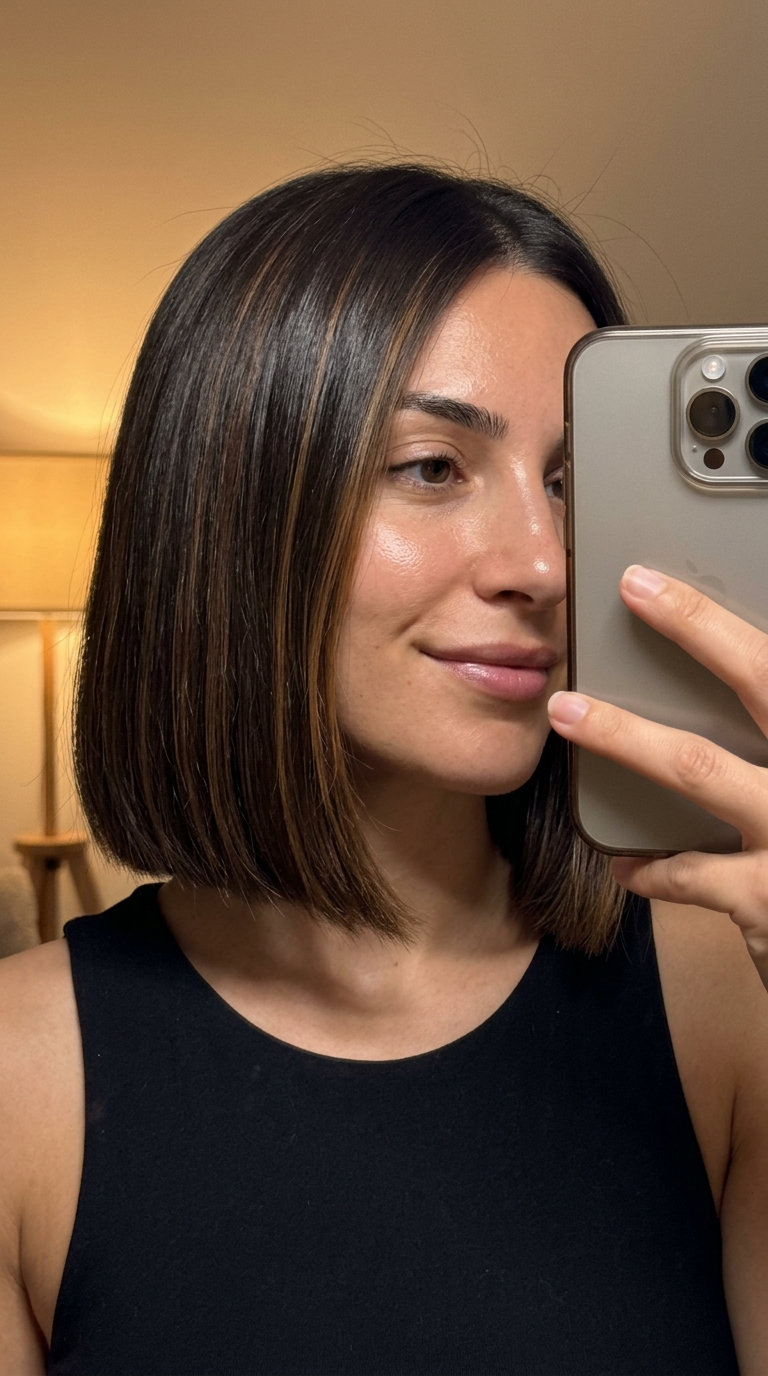 chin-length blunt bob haircut with caramel ribbons on espresso base, sophisticated dimension for 2026